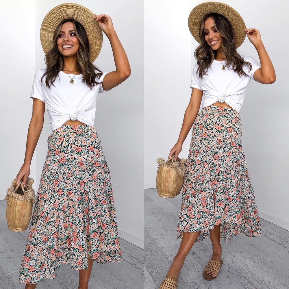 Asymmetrical Floral Midi Skirt